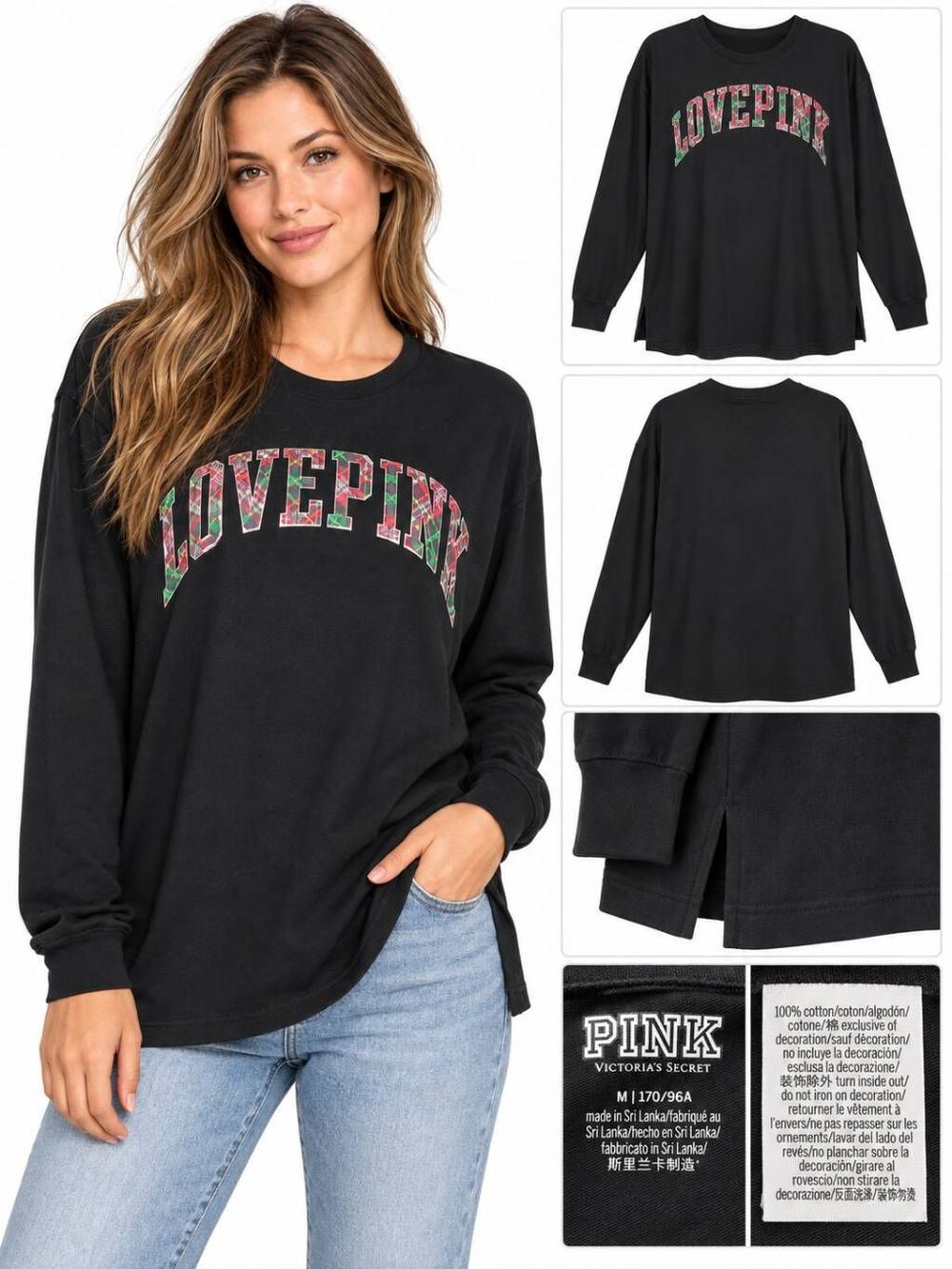 Victoria’s Secret PINK Black LOVE PINK Long Sleeve Shirt Plaid Logo Women’s M